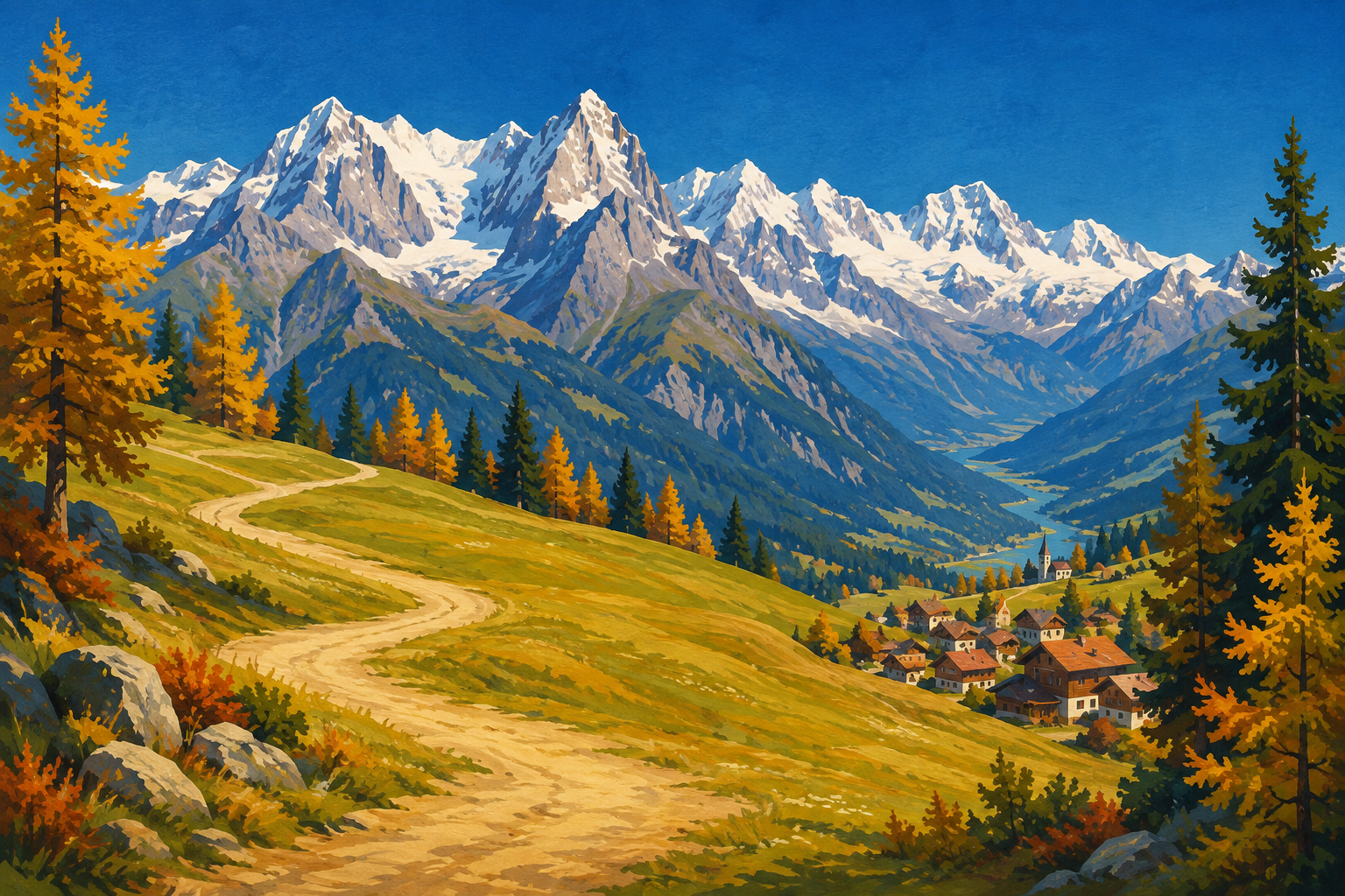 Illustrated Swiss alpine valley with an autumn trail leading to a village